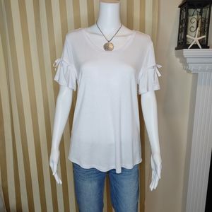 NEW DIRECTION SLASH/BOW SLEEVE TOP, WHITE S